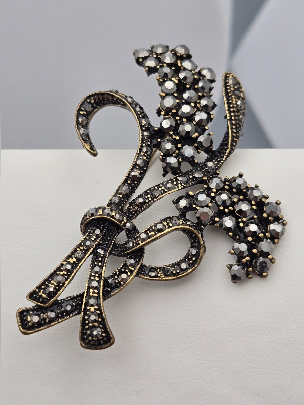 Marcasite Floral Bouquet Brooch Gold Tone Bow Art Deco Style 2.5" Vintage